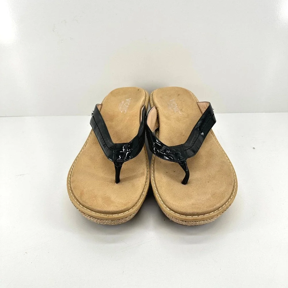 Vionic Grenada Womens 9 40 Black Patent Leather Wedge Flip Flops Slip On Sandals